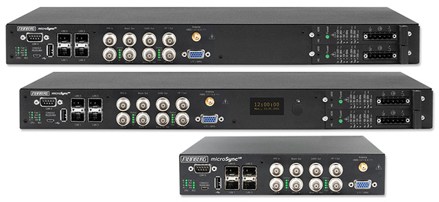 The microSync Broadcast system include a GNSS receiver, two PTP ports, two Management/NTP ports, Black Burst, LTC, Word Clock, DARS and many other sync pulses available as input or output.